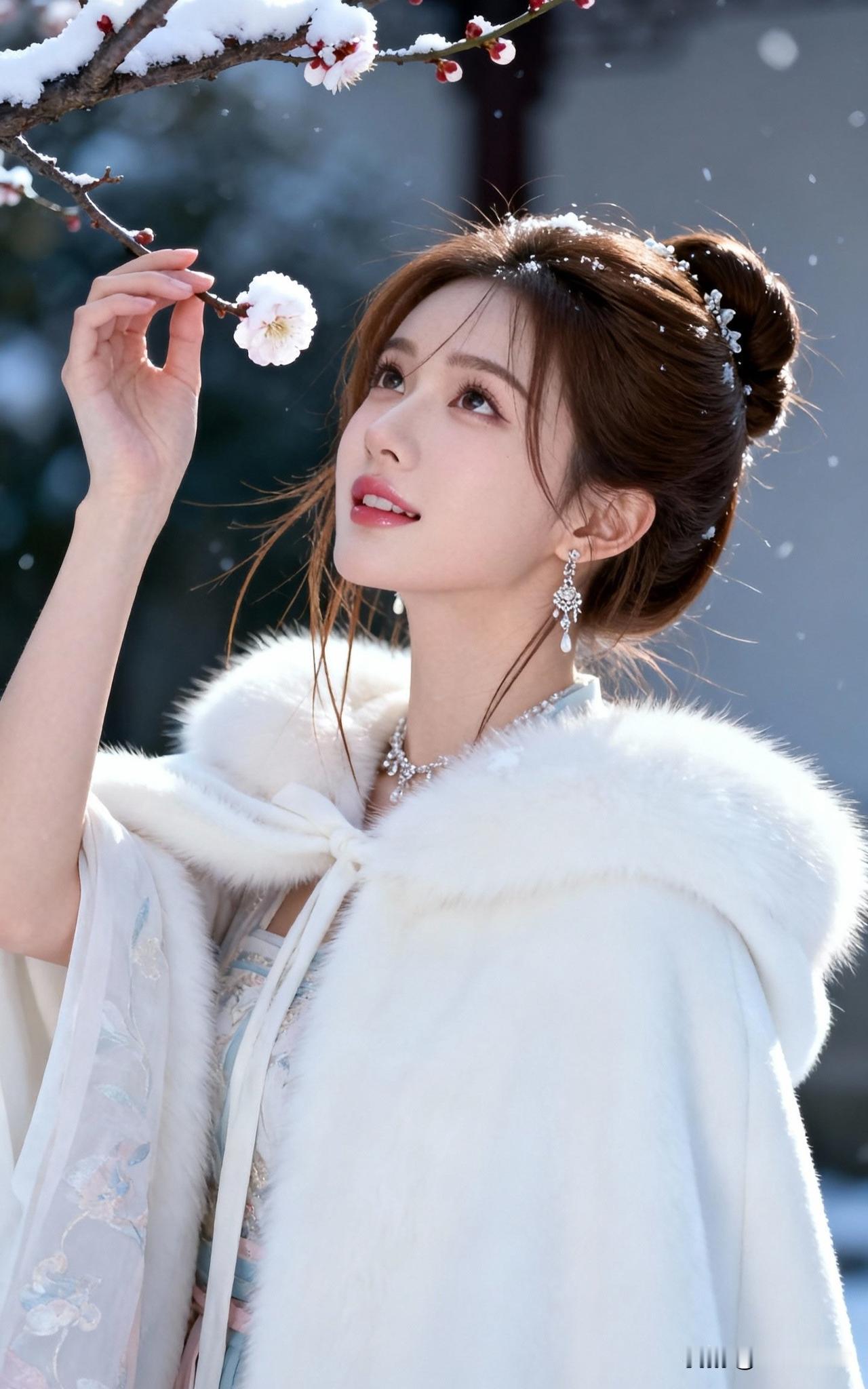 冬日雪景中的优雅女子，轻抚盛开的梅花，宛如仙子降临。