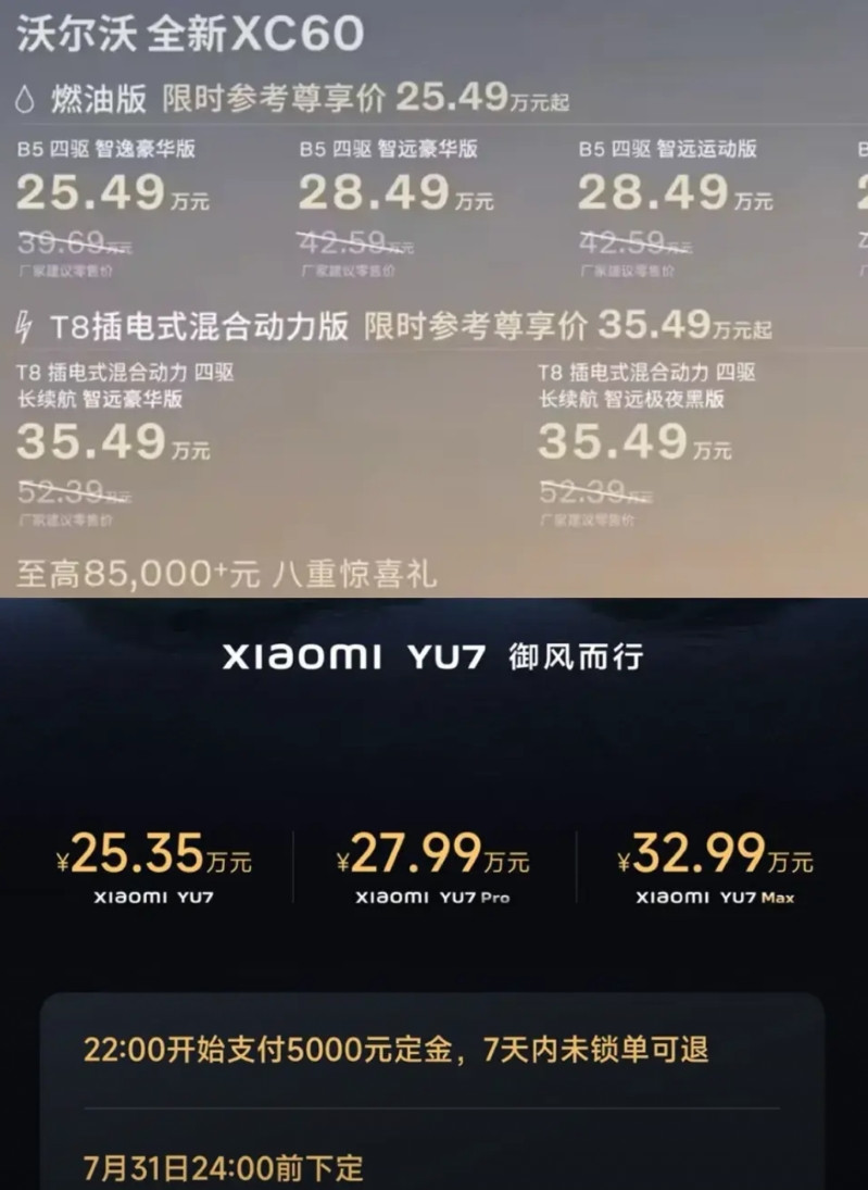 XC60和YU7同一天上市价格也极为接近，两台车你们会怎么选。总体来说这两车
