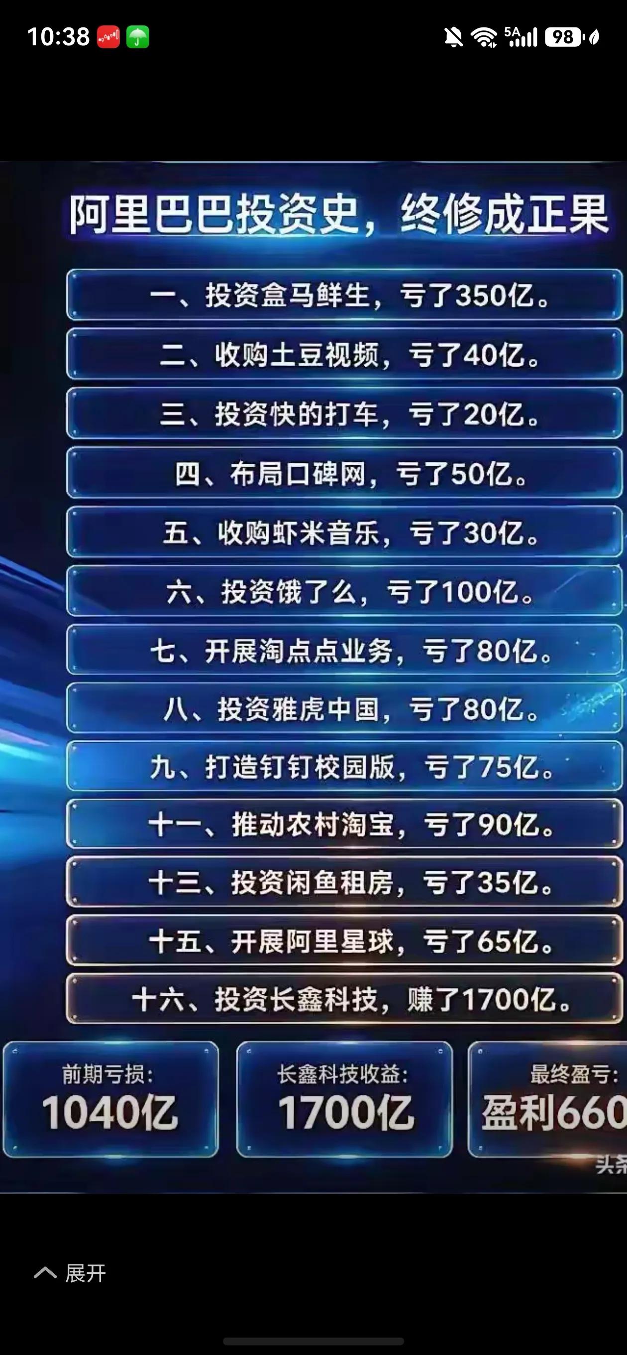 只有求生存，才能翻身农奴把歌唱！看了阿里的投资清单，投资16个项目，亏了15个