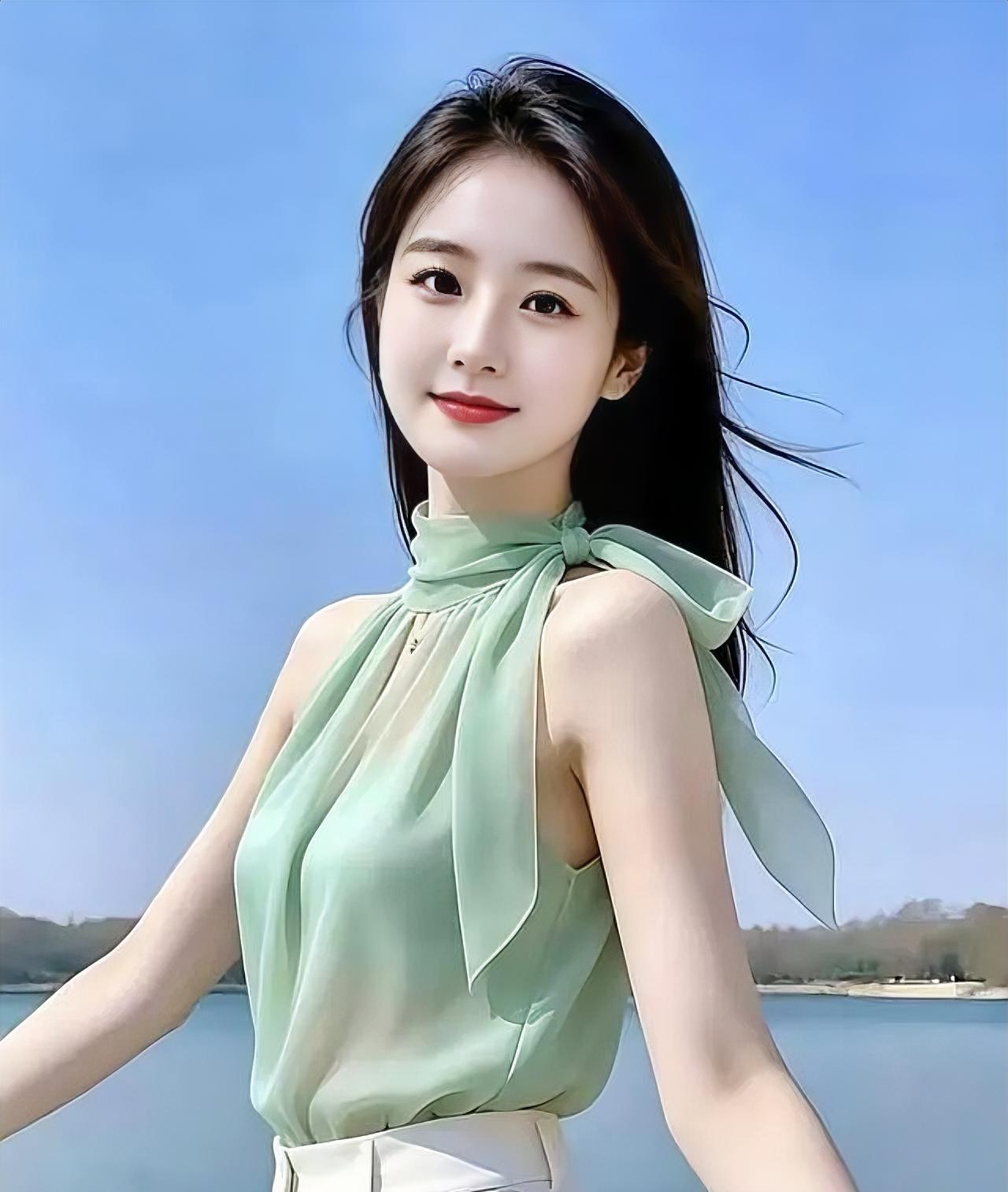 《《湖畔的薄荷风》》浅绿纱衣系着蝴蝶结，白裤轻搭，拥着晴空。长发随风