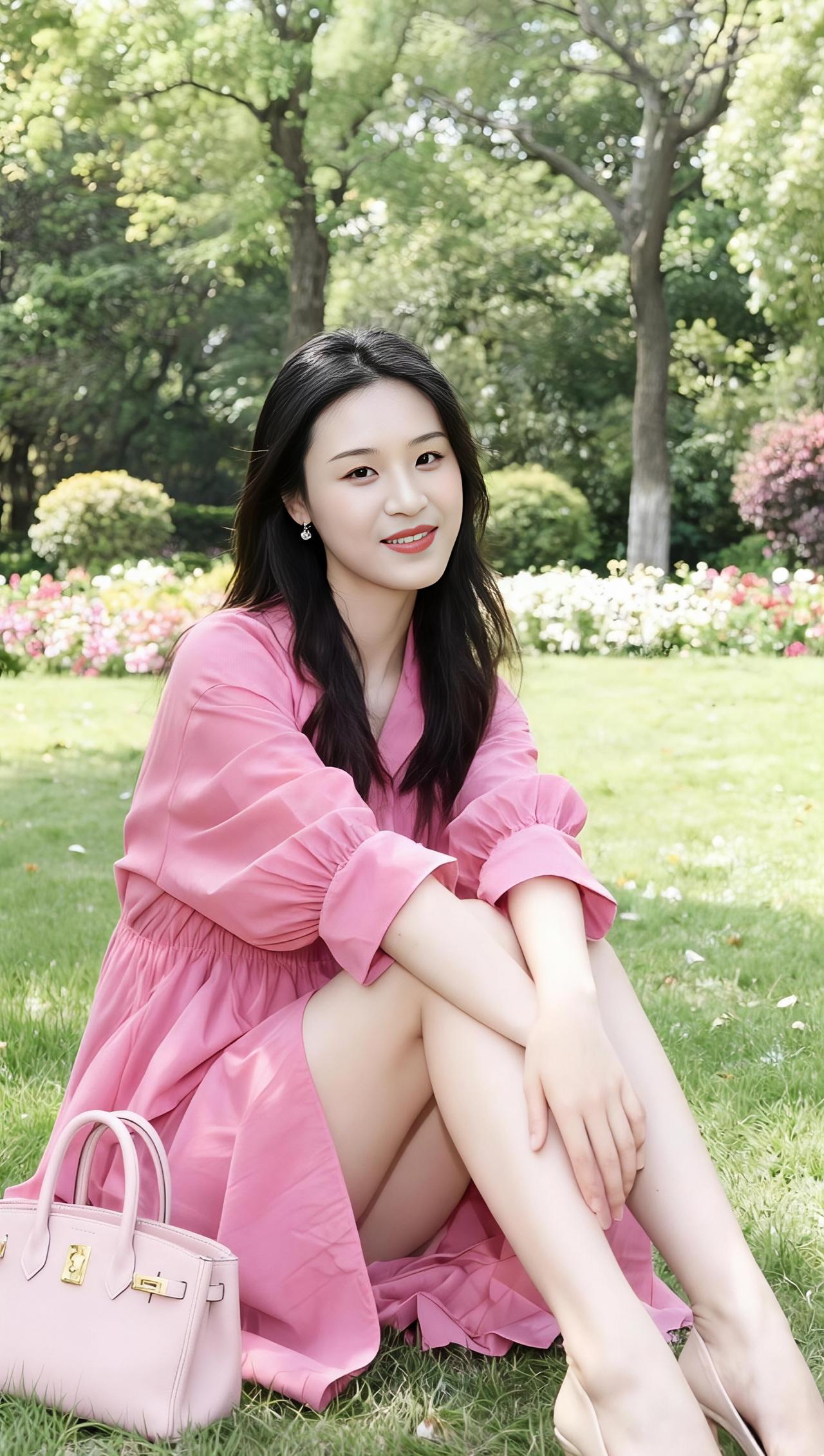 鹧鸪天·粉裙佳人游园软草晴光衬粉裳，风牵裙袂漾幽香。眉弯笑靥凝春色，