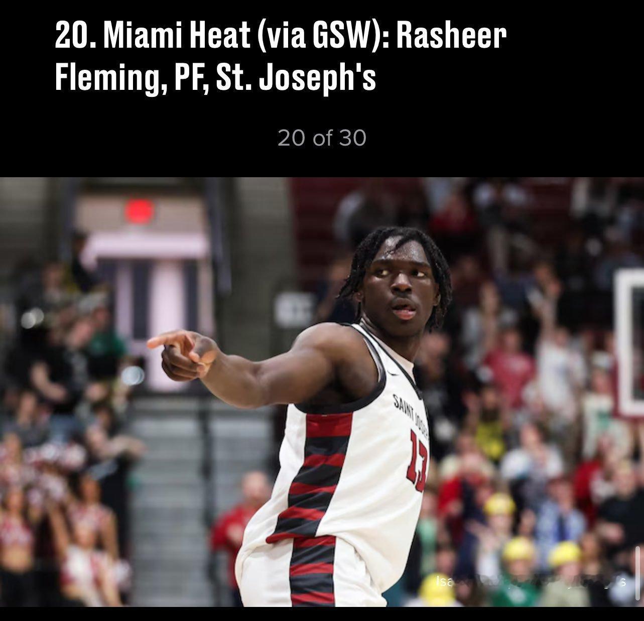 ESPN最新的模拟选秀中，热火在第20顺位选中2米06、240磅的大前锋Ra