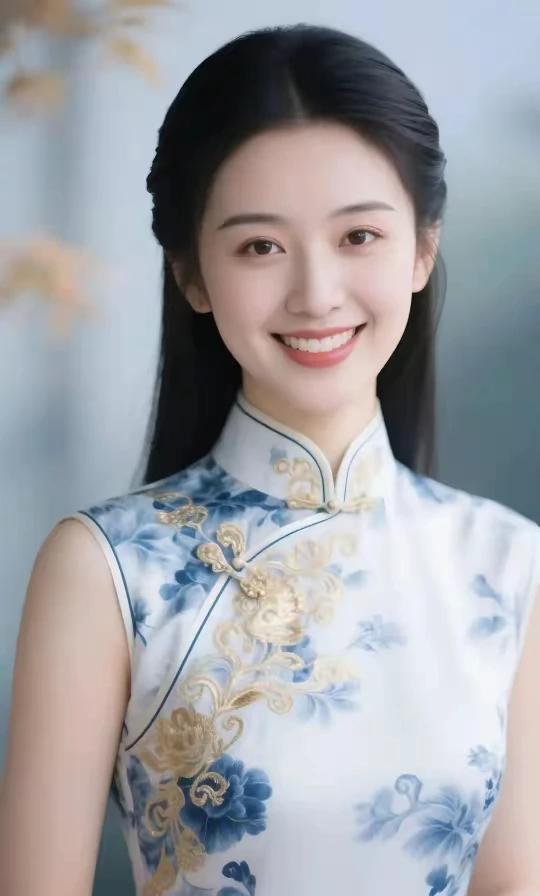 微微一笑百媚生，恰是春风拂柳轻。蓝花旗袍，佳人风韵出水芙蓉，美若天仙面若