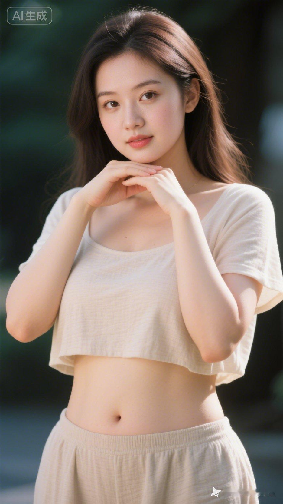 温婉女神身姿微胖曲线曼妙，身着夏日宽松露脐装，双手轻托下巴。眉眼柔情婉转秋波暗送