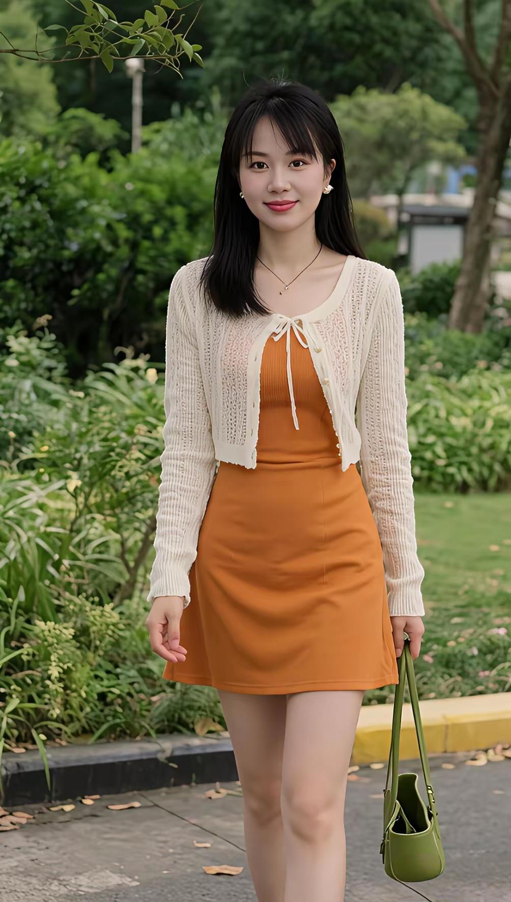 橙色连衣裙搭配米色针织开衫，清新自然，适合春日郊游🌸💐🌿