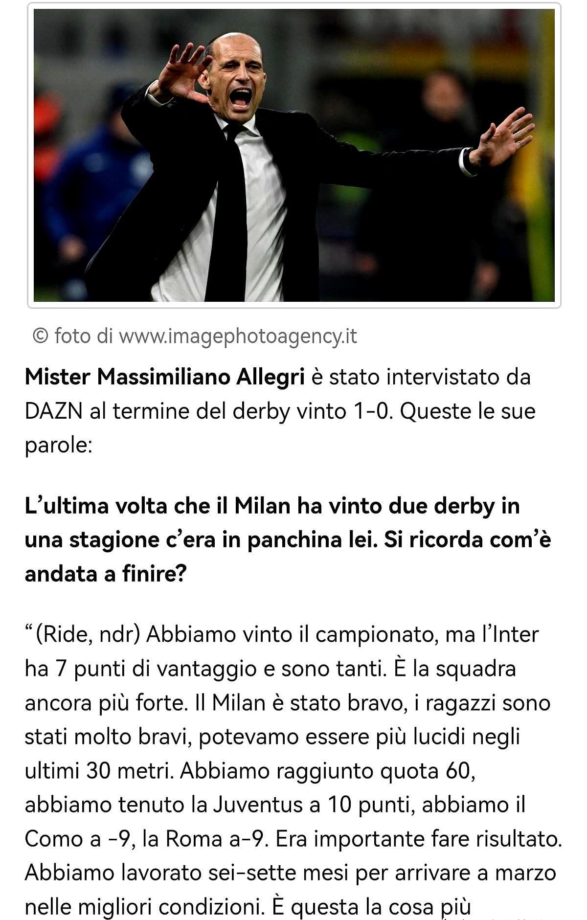 15年首次联赛双杀国米，阿莱格里赛后第一反应是泼冷水。3月8日意甲第28轮