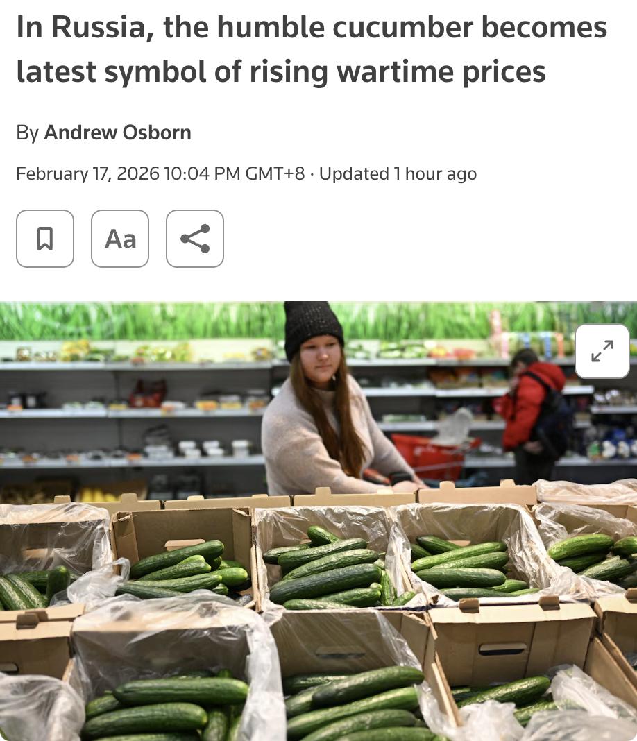外媒：在俄罗斯，黄瓜价格飙升成为战争时期物价上涨的最新象征。自去年12月以来，黄
