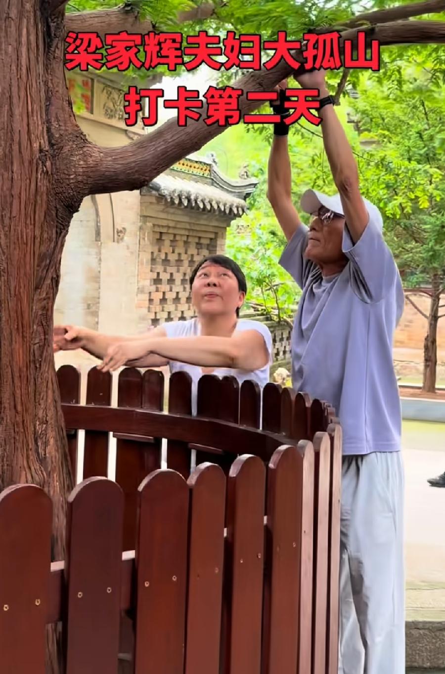 梁家辉夫妇，第2次到丹东大孤山祈福，摸摸门口石狮子，摸摸银杏古树，香港人特别信这