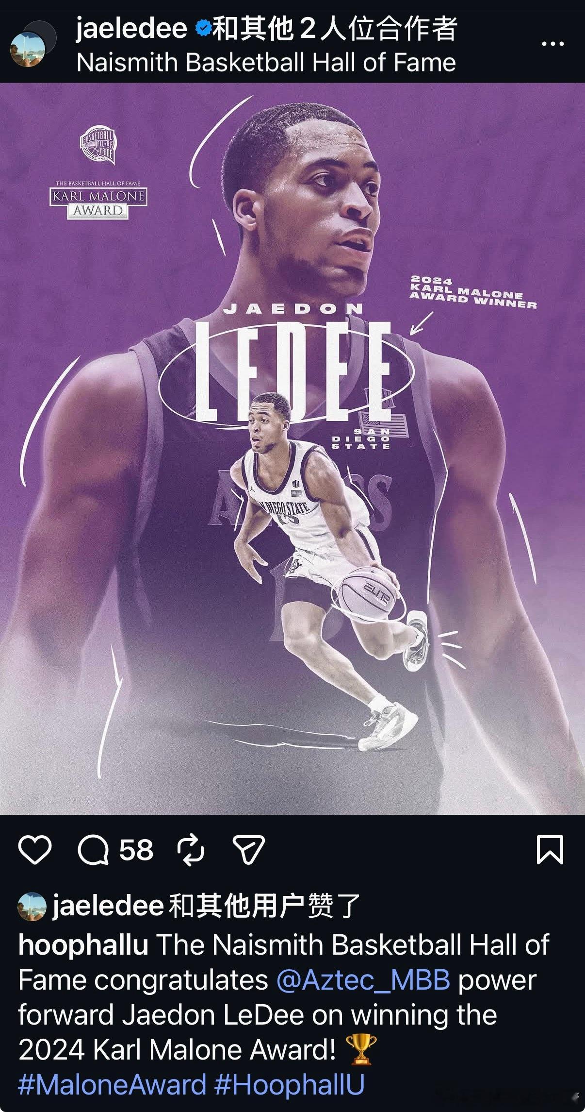 辽宁男篮莱迪莱迪在2024年荣获美国马尔卡龙奖。【🏆卡尔·马龙奖（Karl