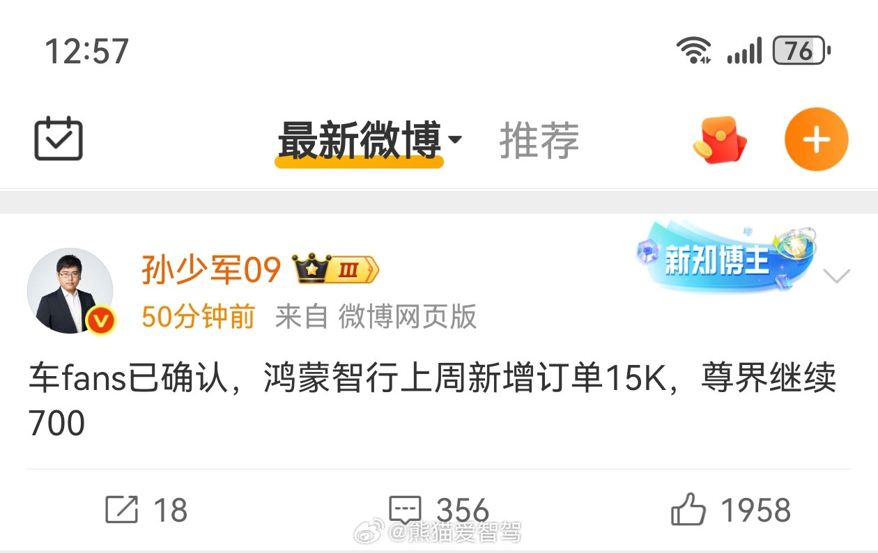 据车fans孙少军透露，鸿蒙智行上周新增订单15K，尊界继续700+，确实很猛