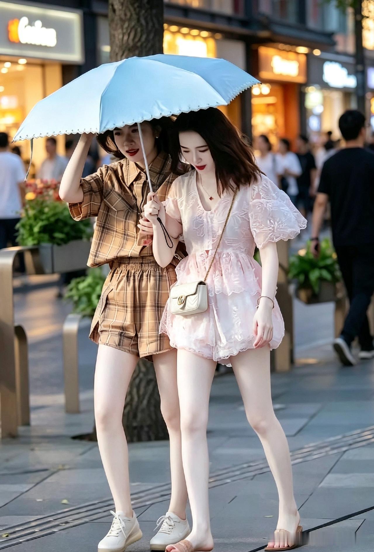 街头偶然遇见两位穿搭清新的小姐姐，那白皙的皮肤十分惹眼，透亮程度丝毫不输欧美白皮