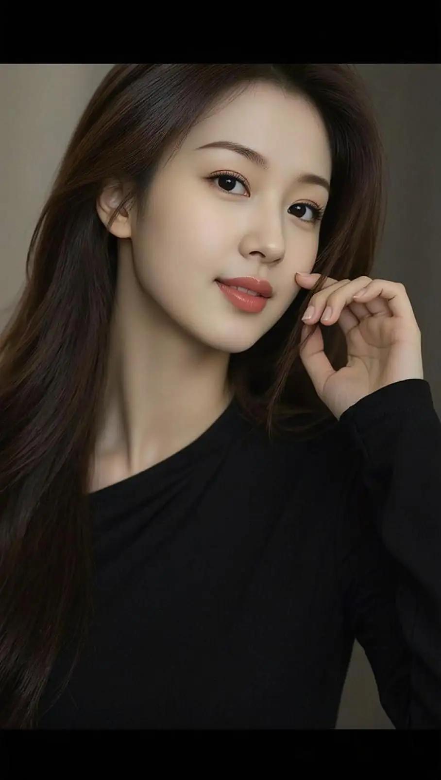 温柔甜美的少女，黑发红唇，优雅迷人。