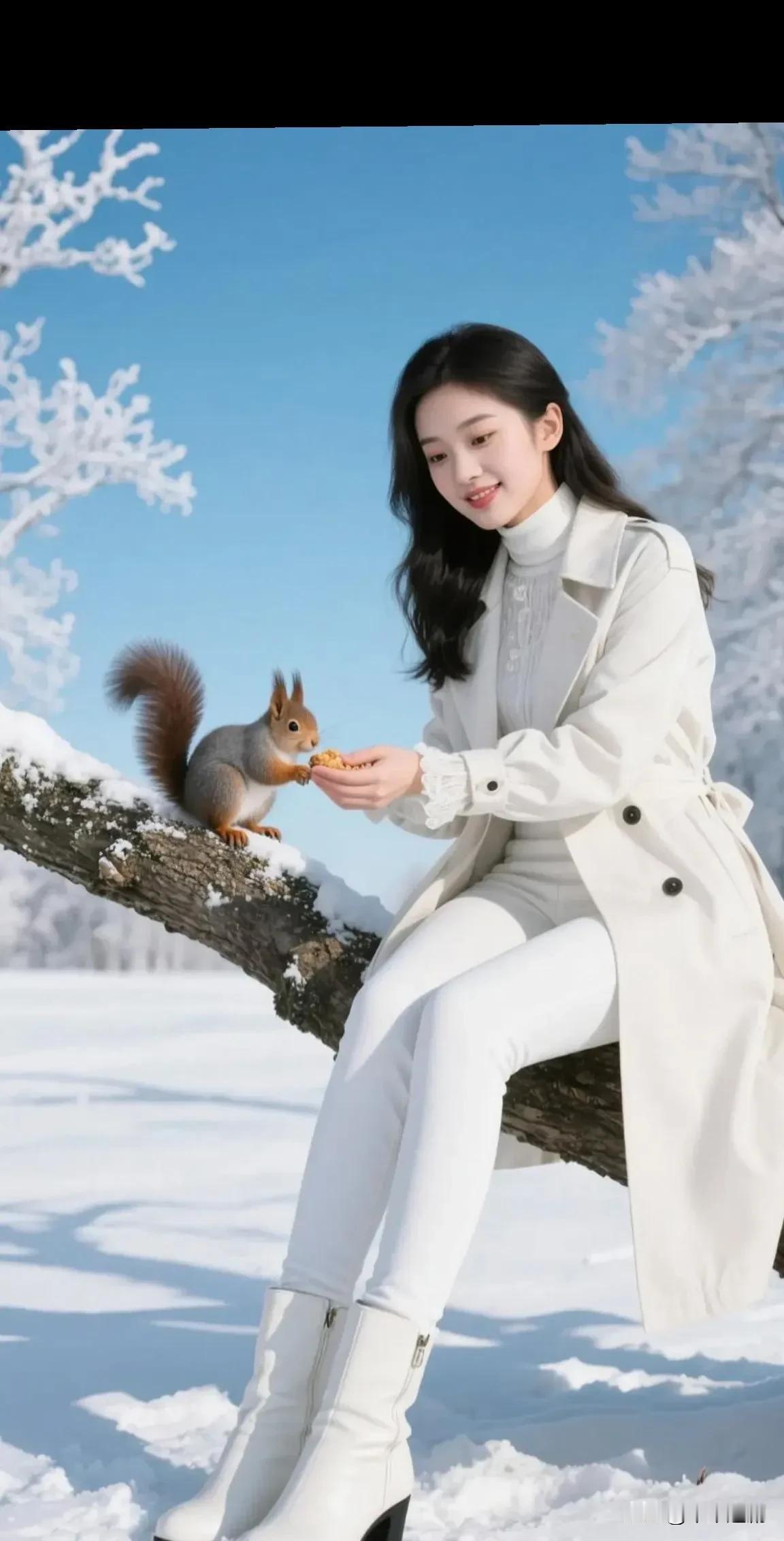 一身素白裹进冬的清冽，雾凇枝桠上，小松鼠捧着掌心的暖。雪光与笑意撞个满怀，连风都