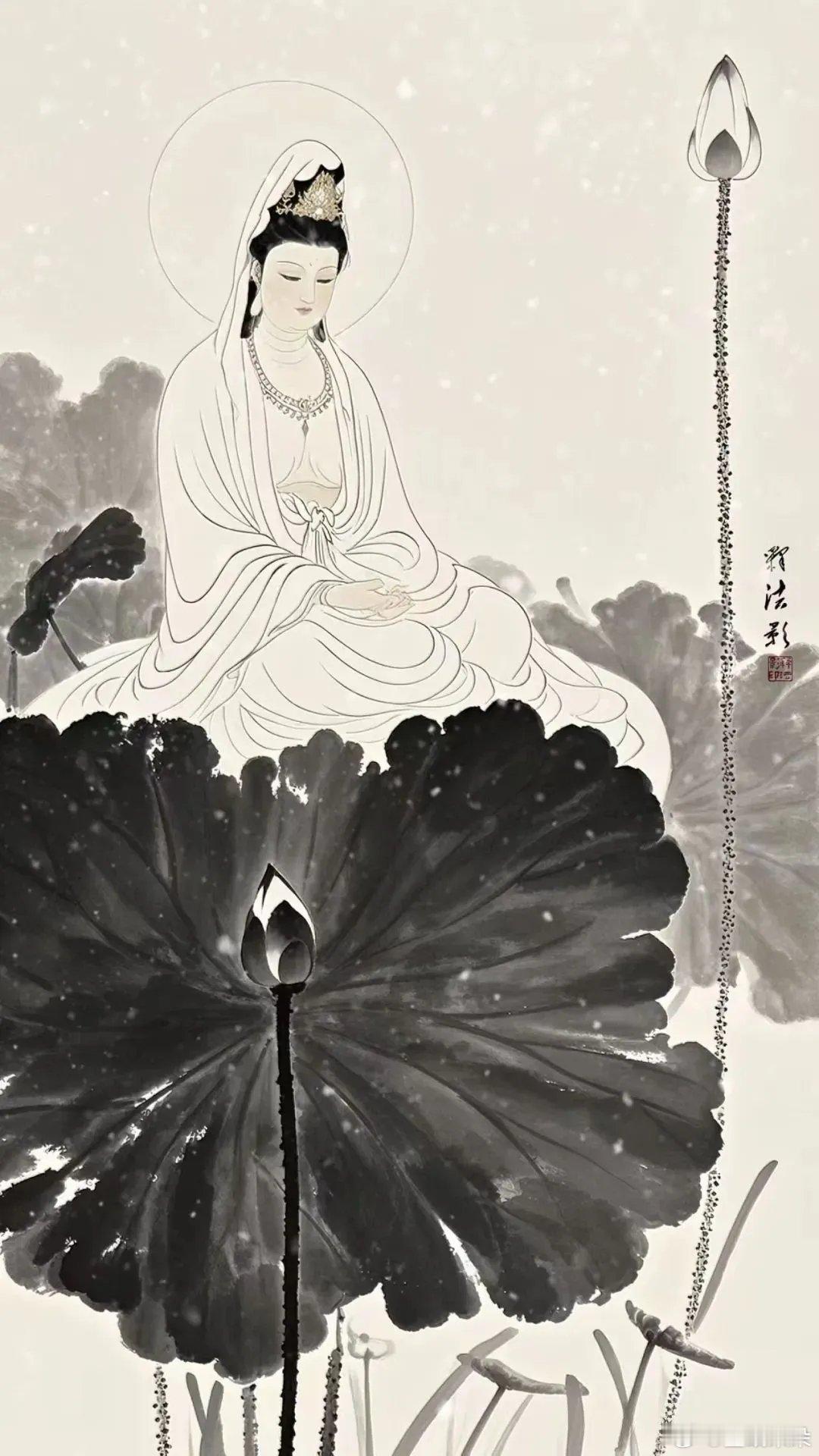 水墨国画观音菩萨像精美壁纸...“心存善念佛必佑之！南无阿弥陀佛”