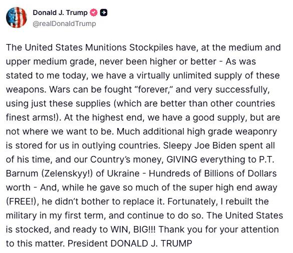 老特在“真实社交”上发的这一大贴，意思就是美军战机携带的精确制导弹药管够，能把伊