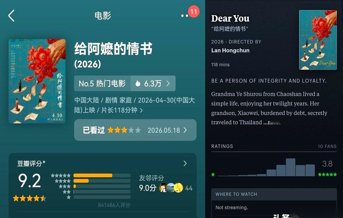 9.2分，这是最近大热的电影《给阿嬷的情书》在国内影视网站上砸出的成绩。放在过