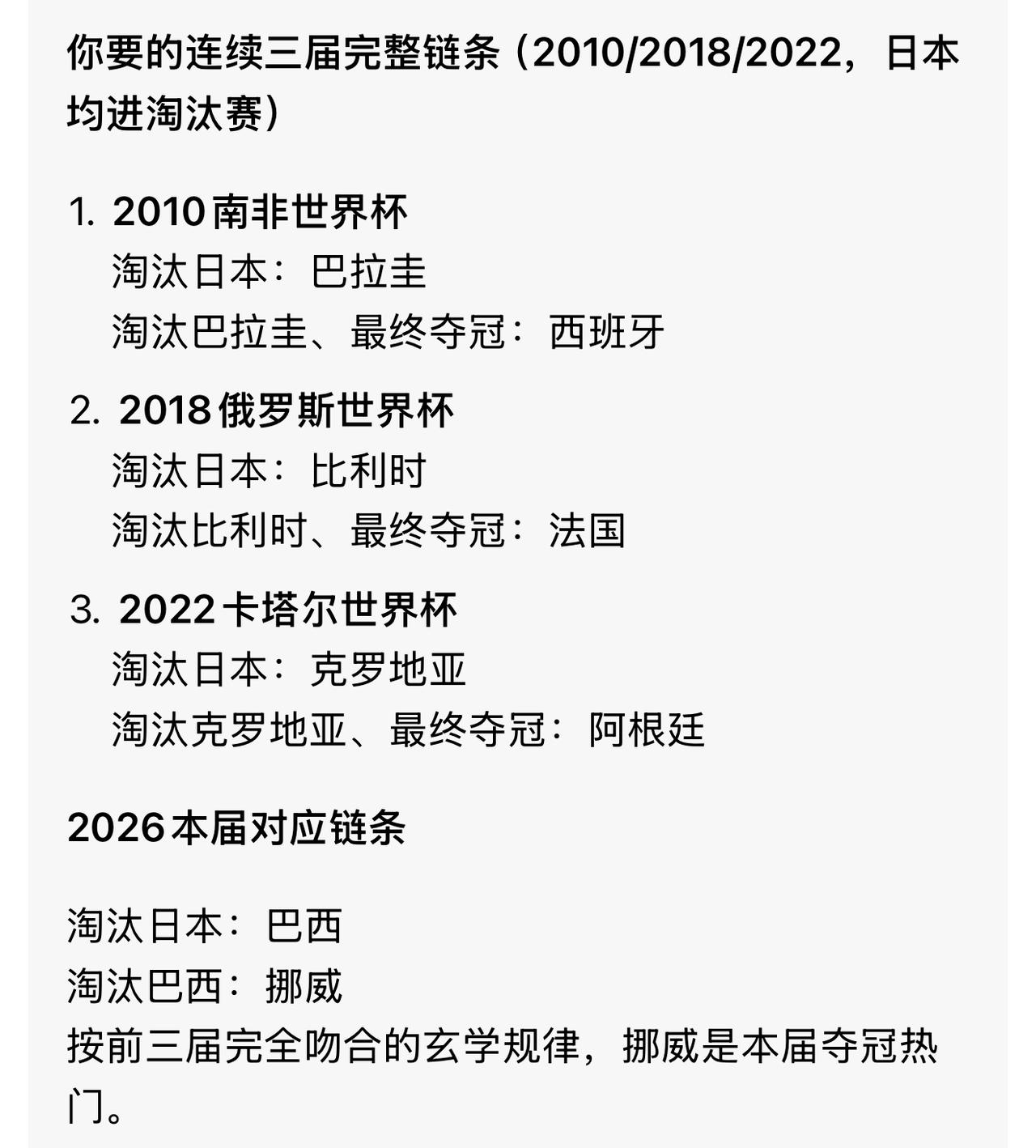 10年开始世界杯，谁淘汰了日本队，这只队又被谁淘汰，这只队就是世界杯冠军。按