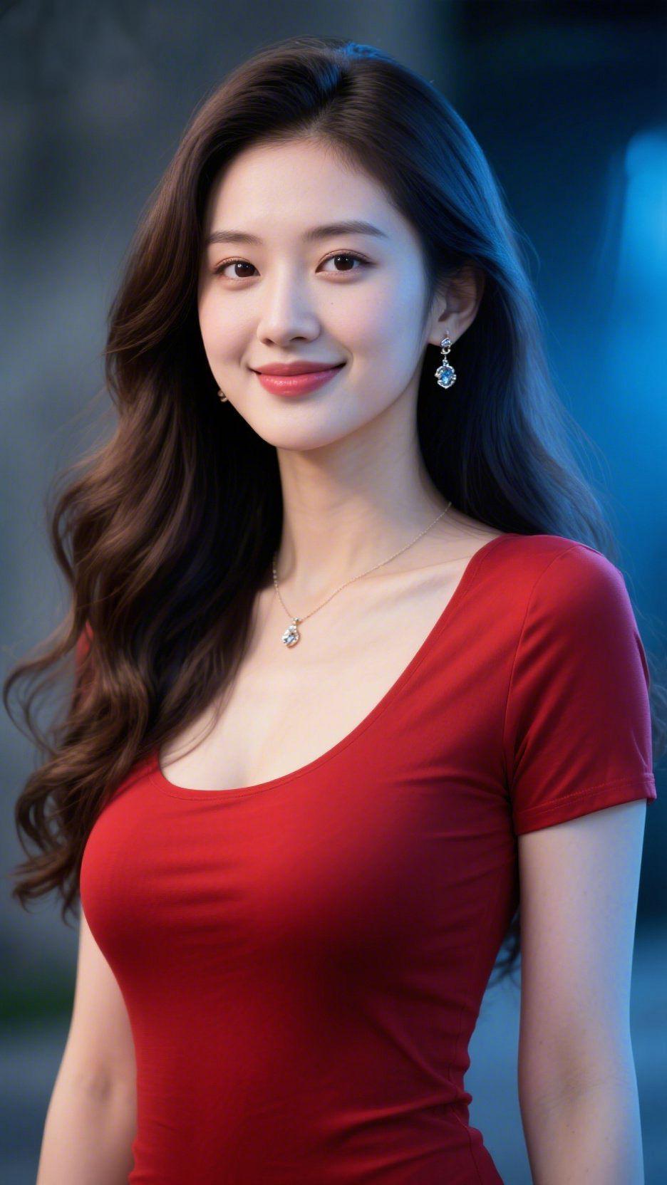 夜蓝裹红温晚空的蓝雾漫过街景，她身上的正红衣装像浸了星子的暖，裹着舒展的松