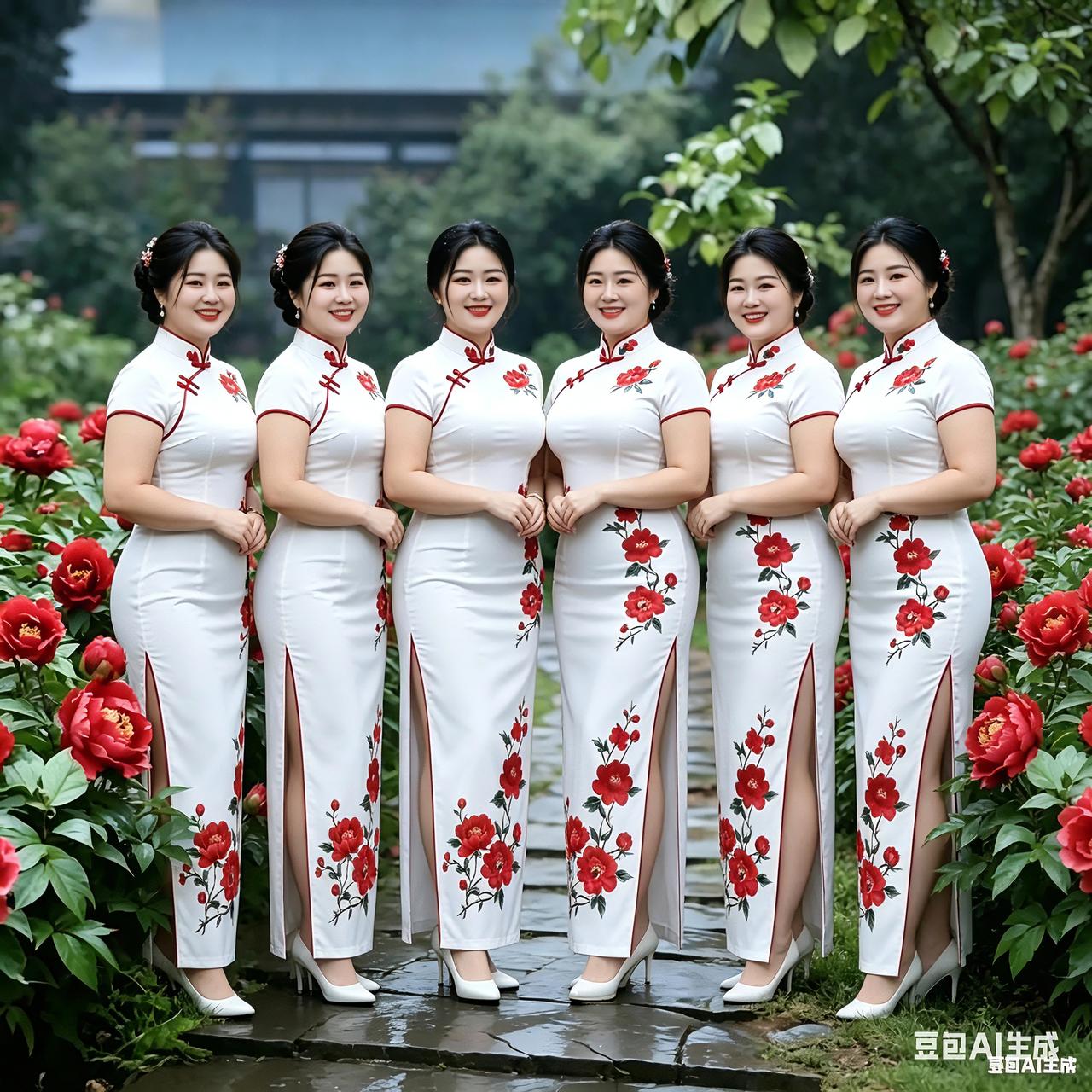 满园牡丹竞吐芳，六位佳人着旗袍。身姿端雅面带笑，气质清优韵味长。五人阖家