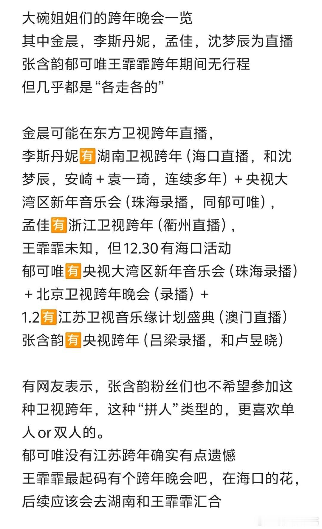 tg：大碗姐妹花的跨年期间晚会一览，孟佳李斯丹妮张含韵金晨有舞台