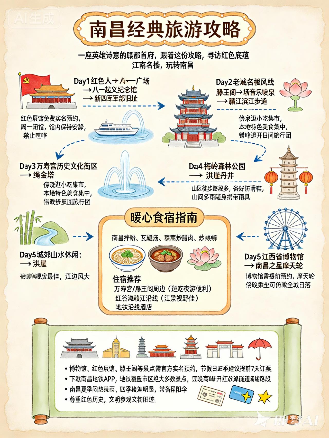 去江西旅游,必去的景点有哪些?江西南昌经典旅游攻略信息图：Day1红