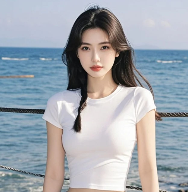 她在海边回眸一笑，瞬间定格成永恒。