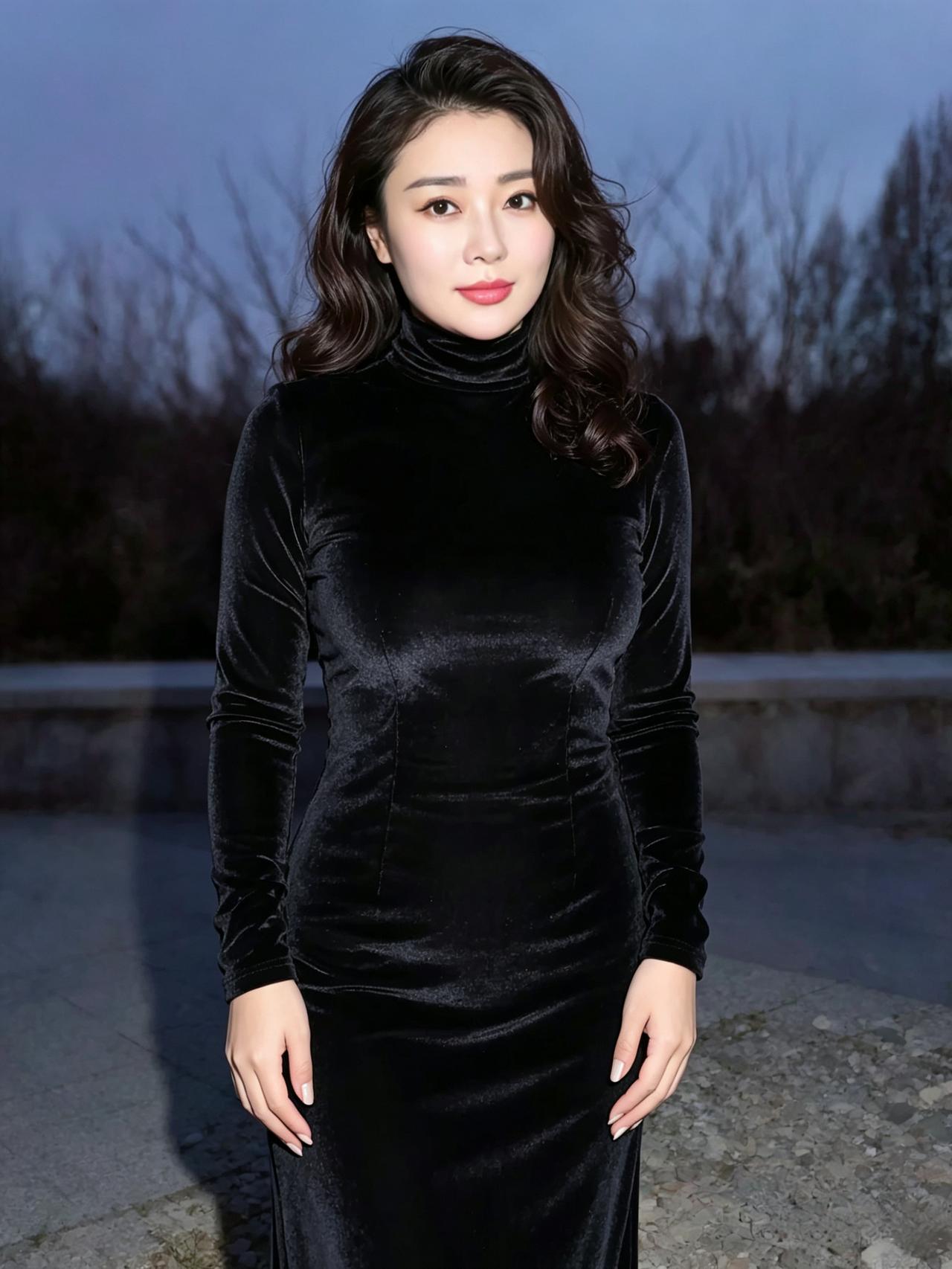 丝绒裁就晚衣轻，暮色含风鬓影横。一树寒枝天似洗，嫣然一笑动乡城。