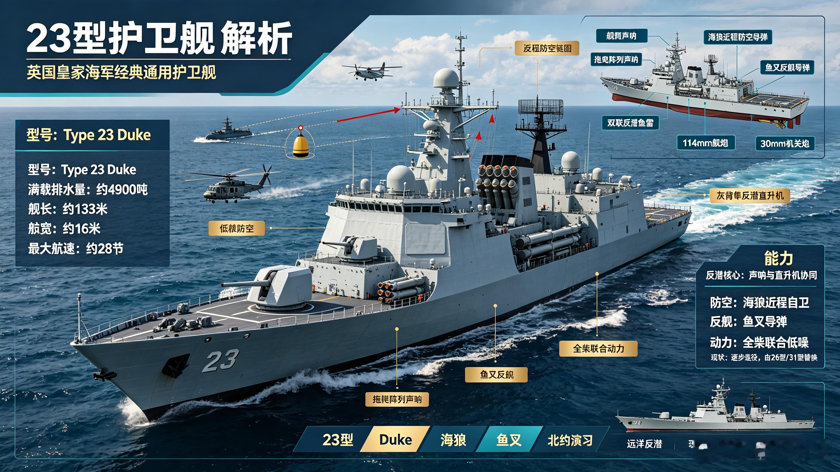 每天认识一件兵器英国23型公爵级是经典远洋反潜通用护卫舰，满载排水量约4900吨