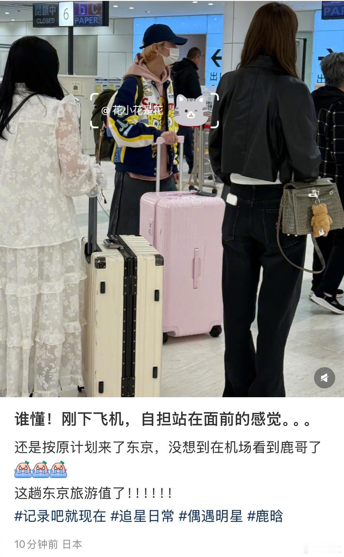 原来鹿晗今天又去东京了，下飞机发现鹿晗站在面前也太幸运了吧！粉色卫衣粉色箱子鹿[