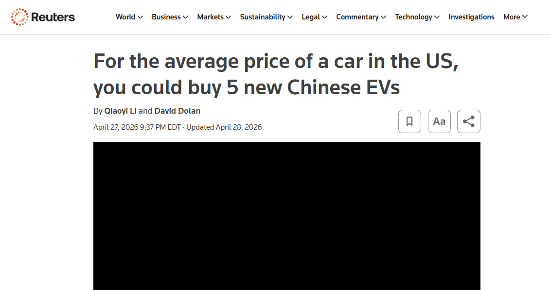 路透社确实很会取标题。“以美国一辆车的平均价格，可以买5辆中国电动车。”听起