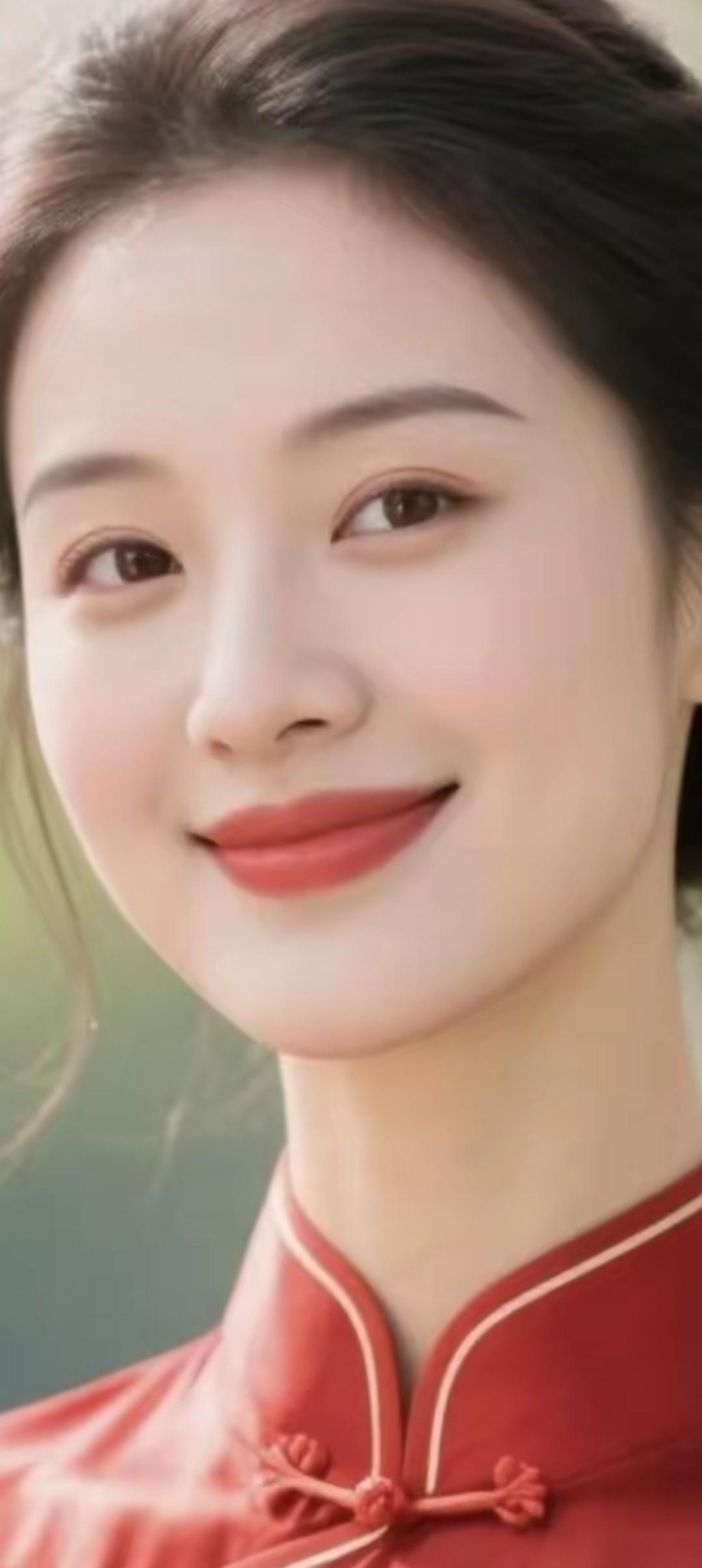 温婉含蓄的东方美人，红衣飘逸，笑靥如花。