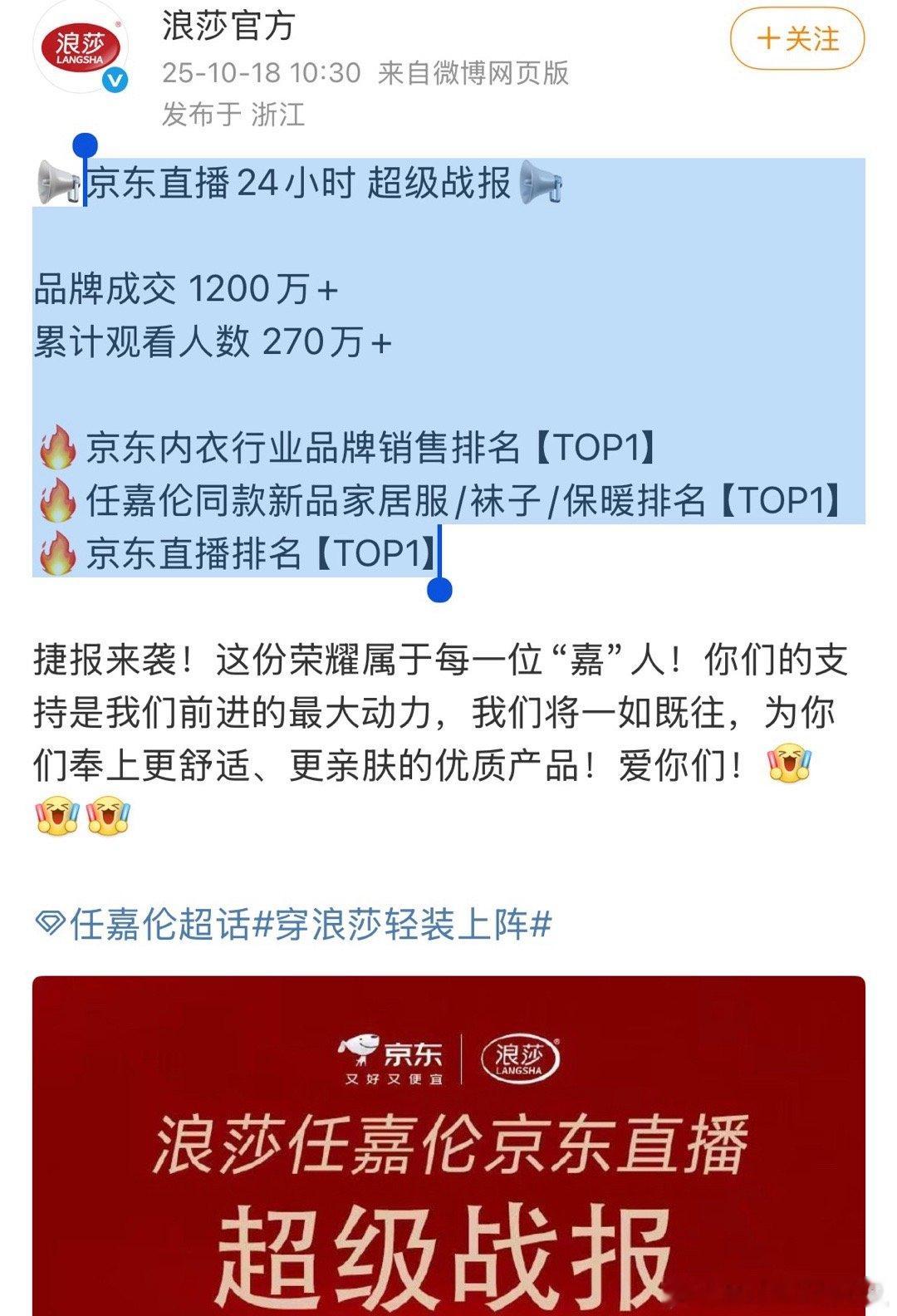 任嘉伦浪莎京东直播24小时超级战报，官方的：品牌成交1200万+累计观看人数