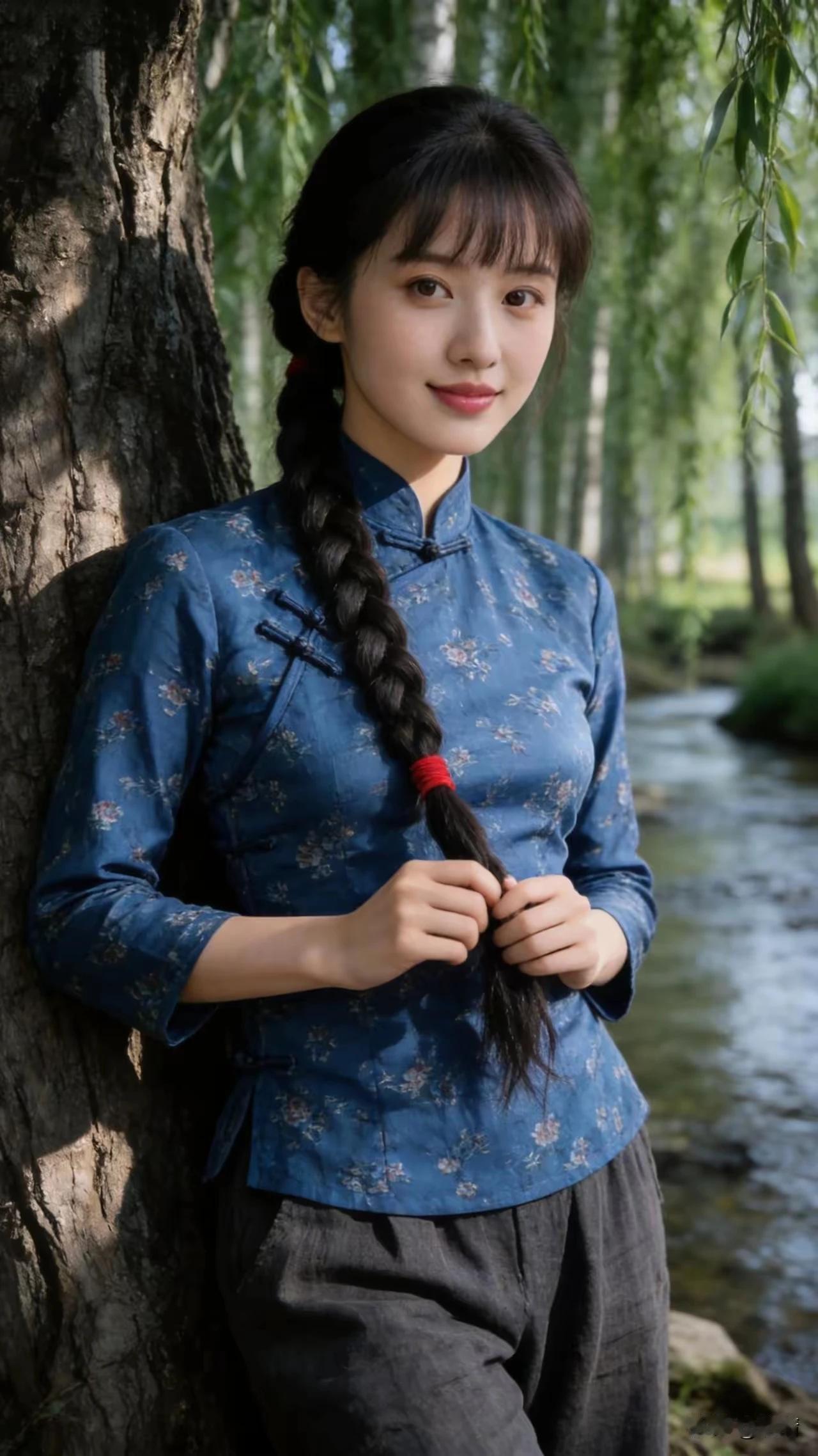 有个姑娘叫小芳，辫子黑来粗又长。大柳树下站一站淳朴自然韵飞扬。