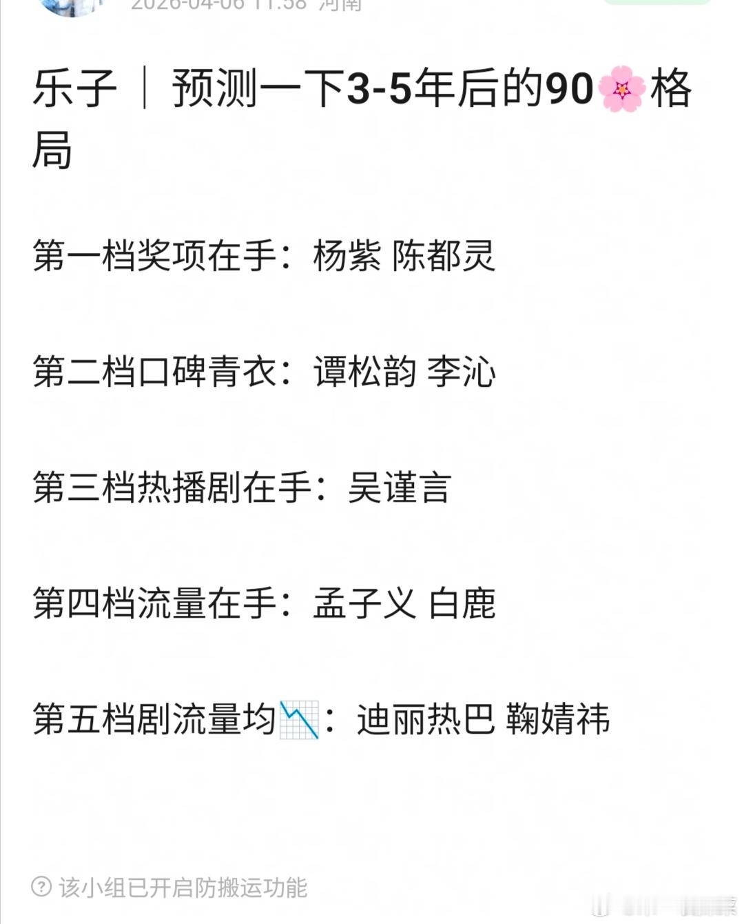 郫县有县民预测90🌸格局趋势，看看同意吗第一档：杨紫陈都灵第二档：谭松韵