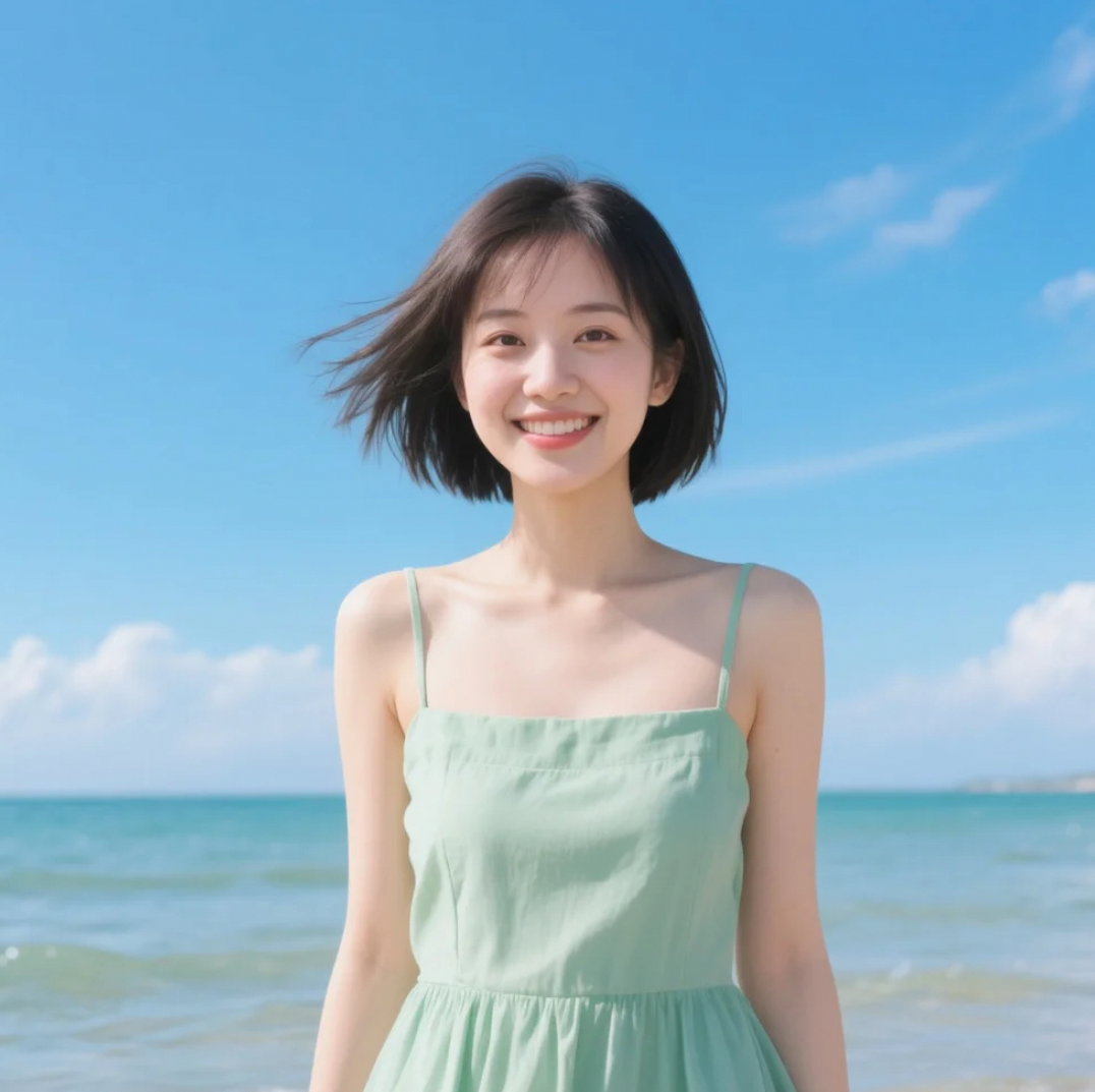 微风不燥，她的短发与连衣裙在海边刚刚好