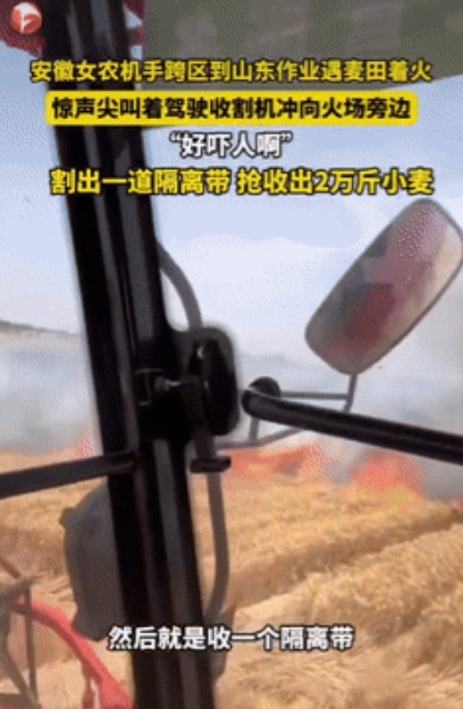 “太感人了！”安徽一女农机手在山东收割麦子时，突然发现有麦田大面积着火，女子边大