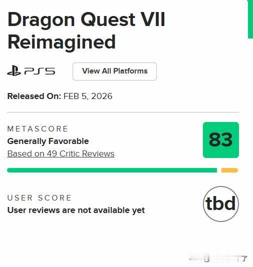 《勇者斗恶龙7重制版》的媒体评测现已正式解禁，M站均分83分，截至目前，本作共收