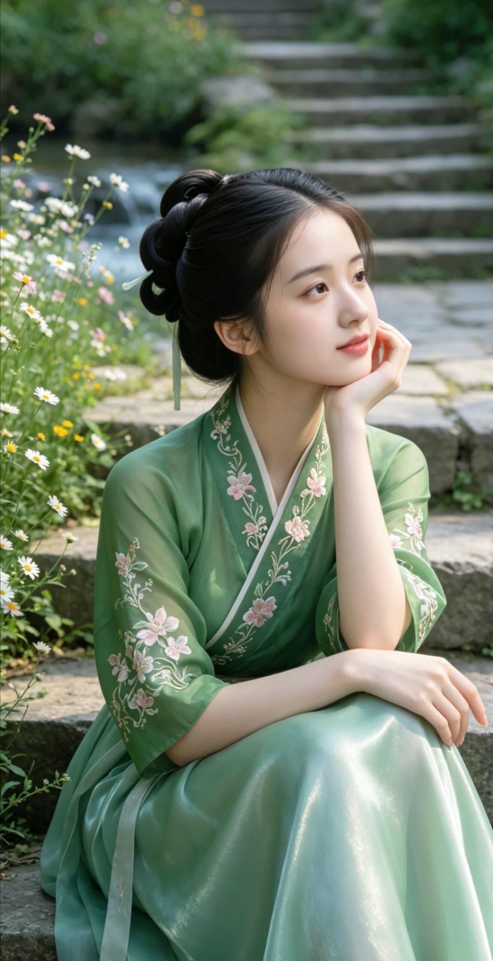 绿衣美人倚石阶，花影映笑颜。