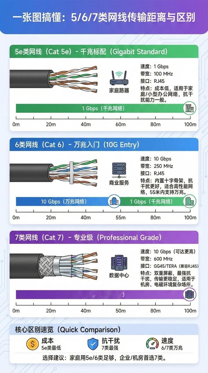 家里宽带网速慢，很可能是网线没用对！一图看懂五六七类网线的差别。涨知识
