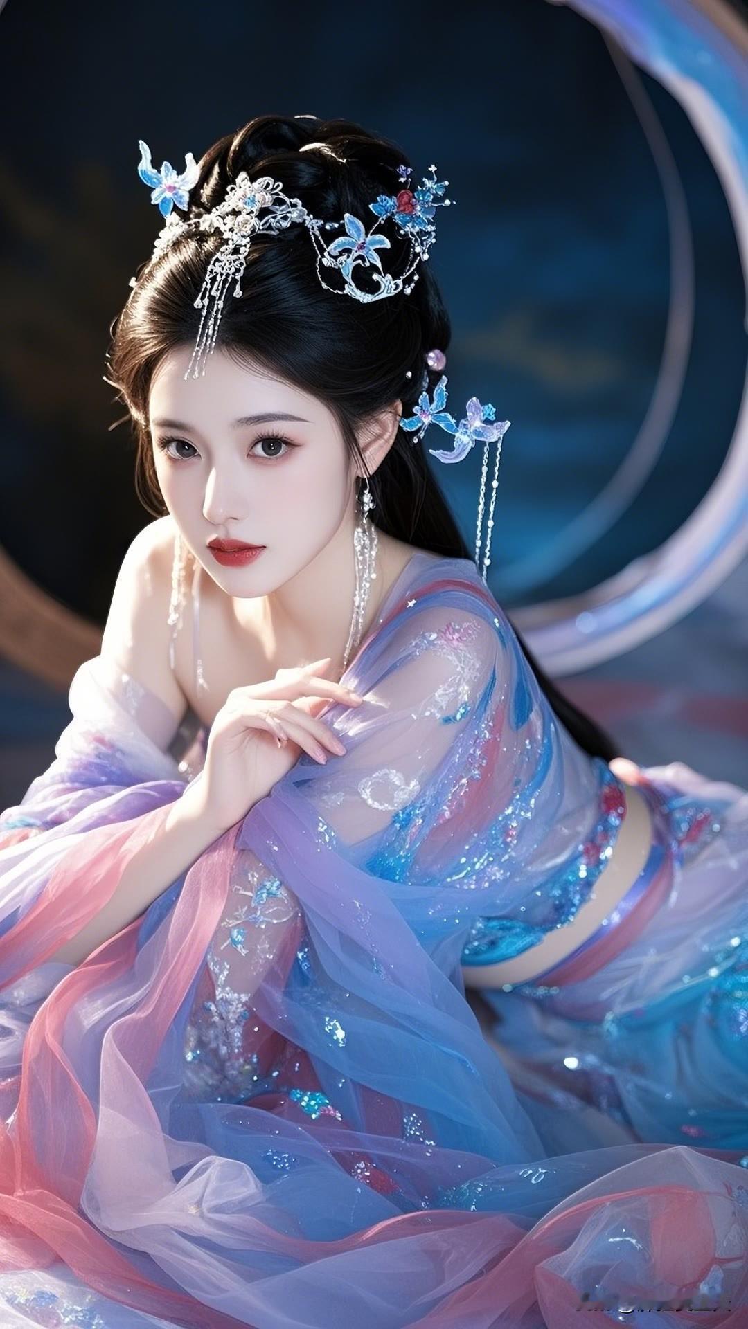 瞧那古装美女，青丝高挽步摇轻颤。眉眼盈盈如秋水，朱唇不点而赤，身姿婀娜，举手投足