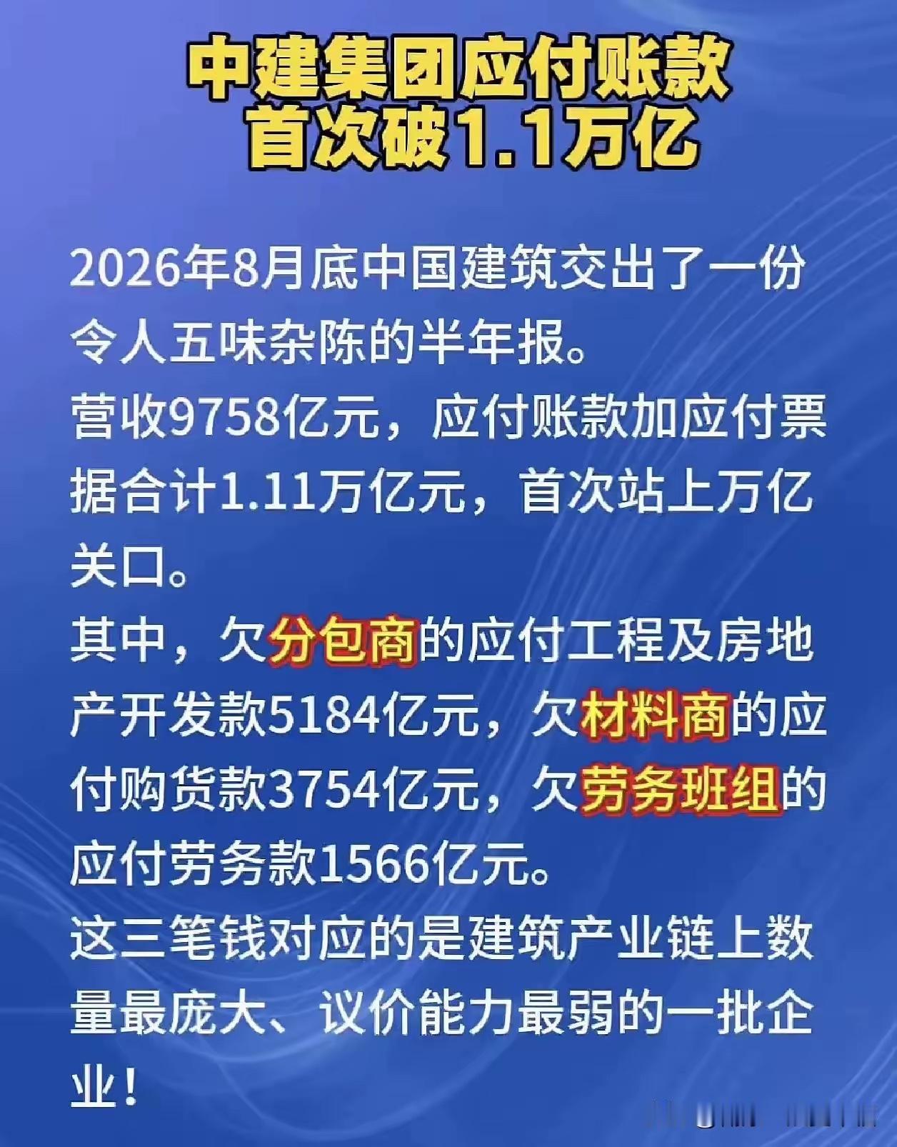 中国建筑“欠款单”1.1万亿！源头不付钱，这个“三角债”就是死循环！（欢迎关注