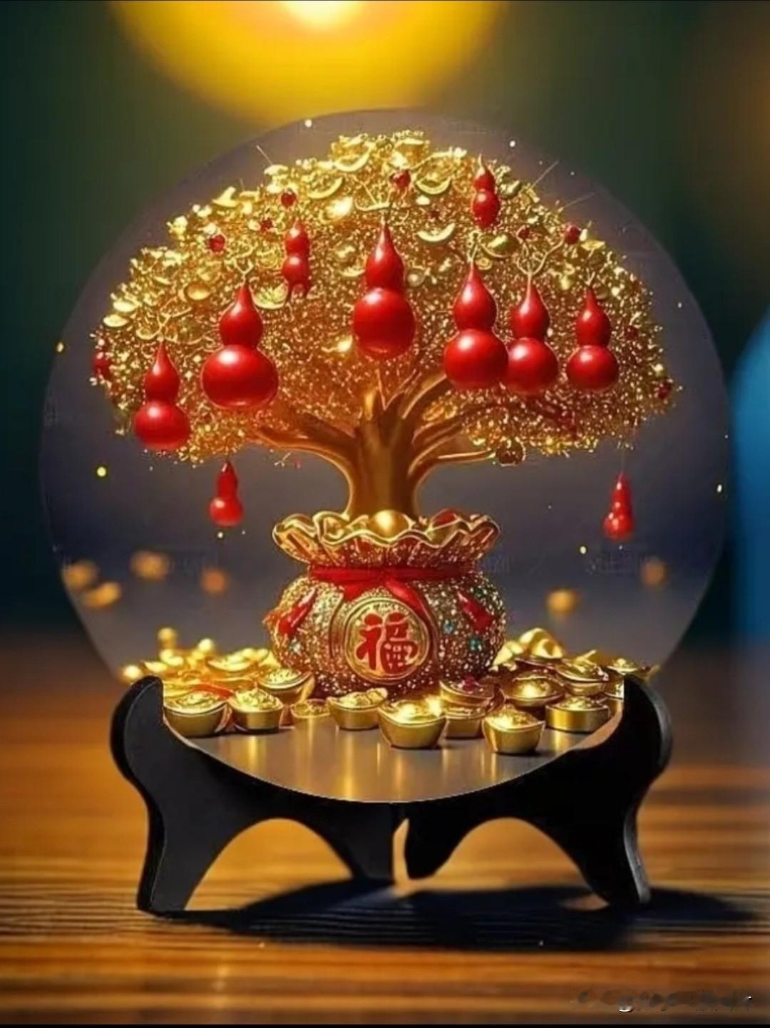 葫芦树上福禄到，元宝堆里富贵来。