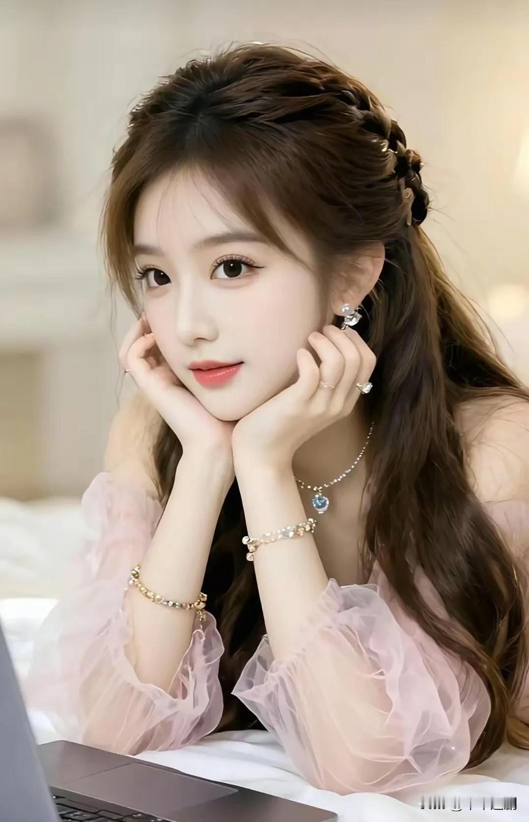 粉纱轻裹着少女的甜，碎钻在颈间与腕间轻闪。发丝编着温柔的梦，托腮的瞬间，连时