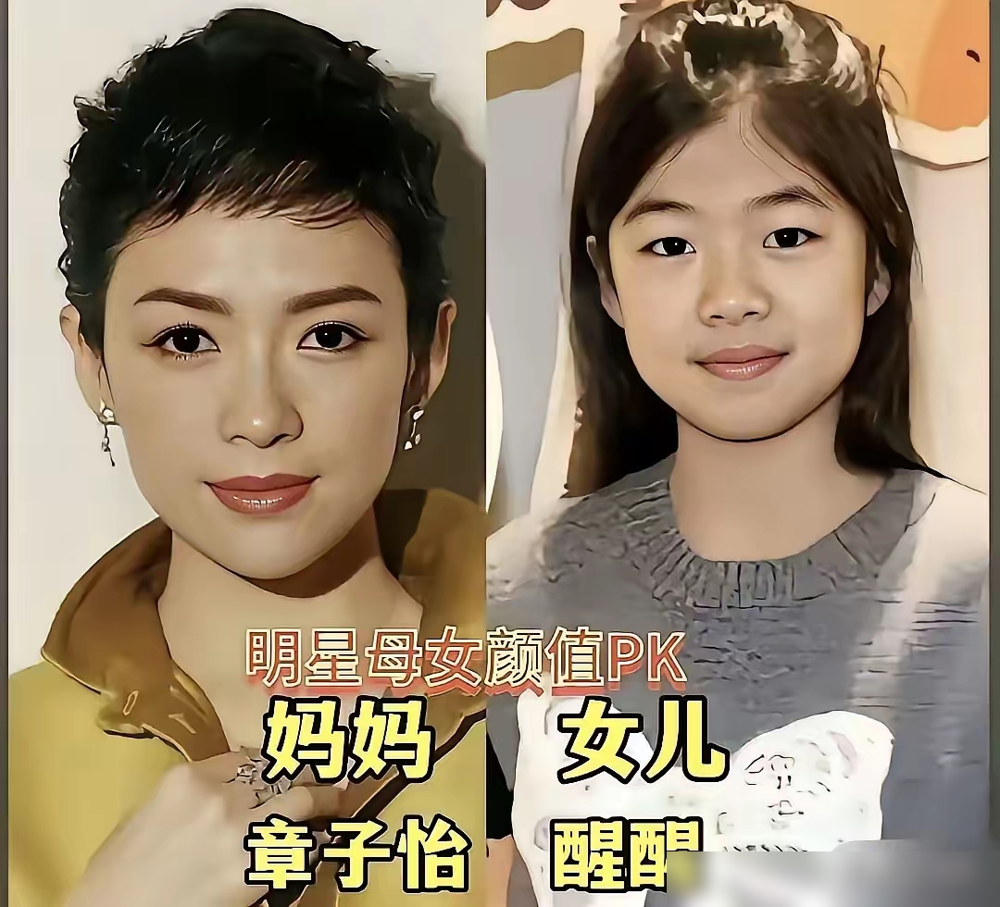 章子怡那顶级骨相，在自家孩子脸上就剩下重在参与了。大女儿醒醒小时候，章子怡自己都调侃抱错了吧没漂亮到
