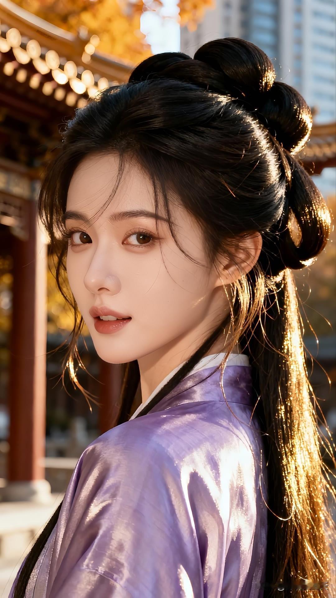 紫衣漫倚琉璃瓦，金檐斜照鬓边秋。慵回眸处光阴缓，古今皆作画中游。莫问尘心归何