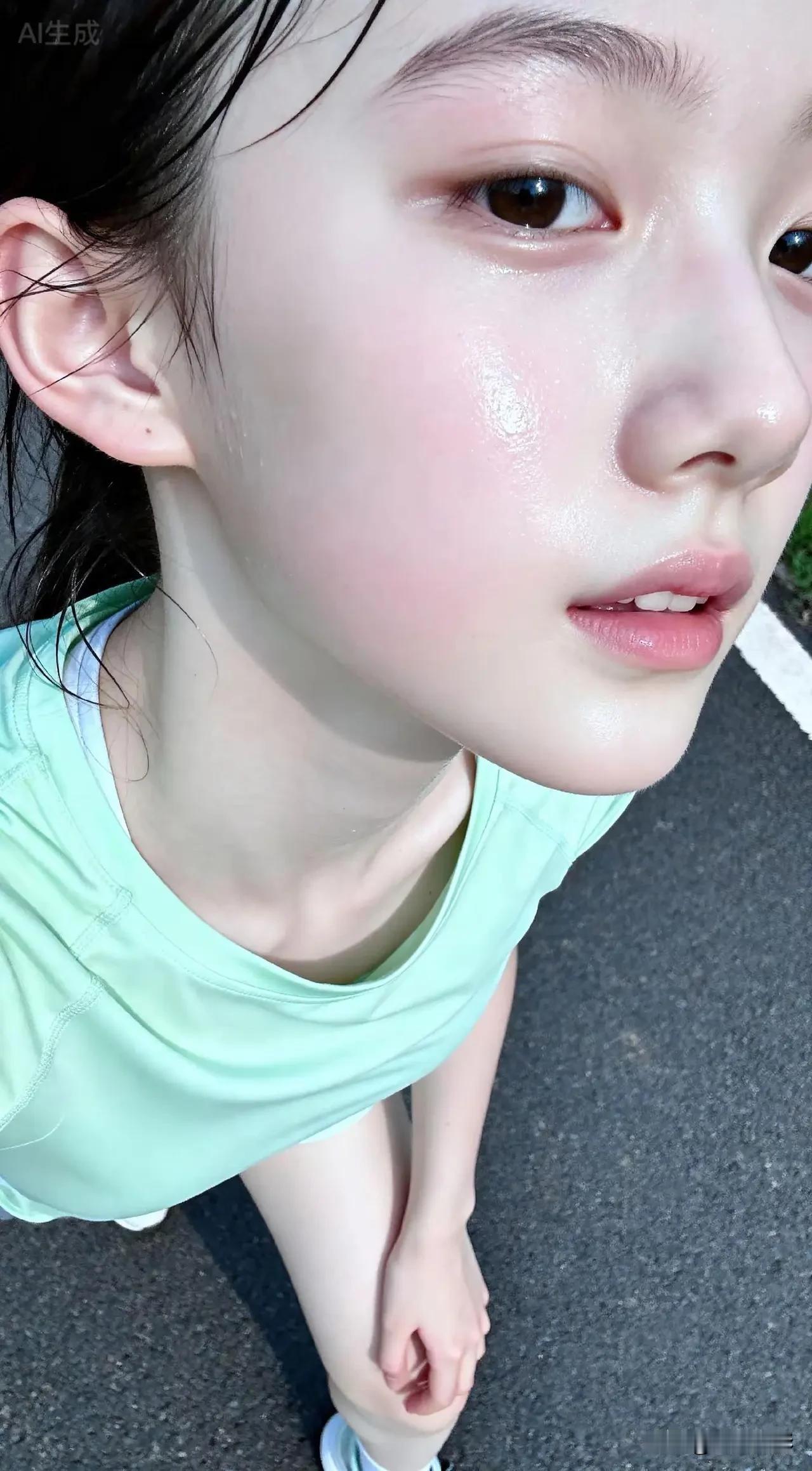 光之影夏日清新少女，运动后的汗水与微笑少女感笑容少女感微笑女孩少女的笑容