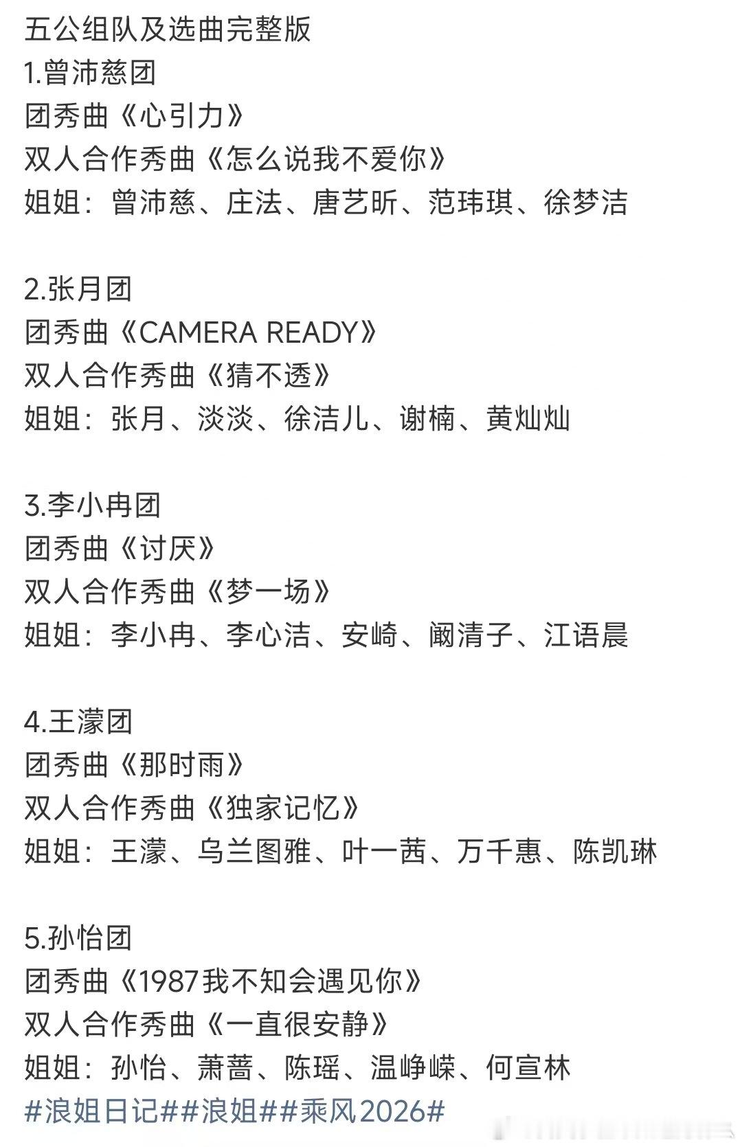 浪姐五公最终组队及选曲浪姐五公组队及选曲结果哇哇哇哇