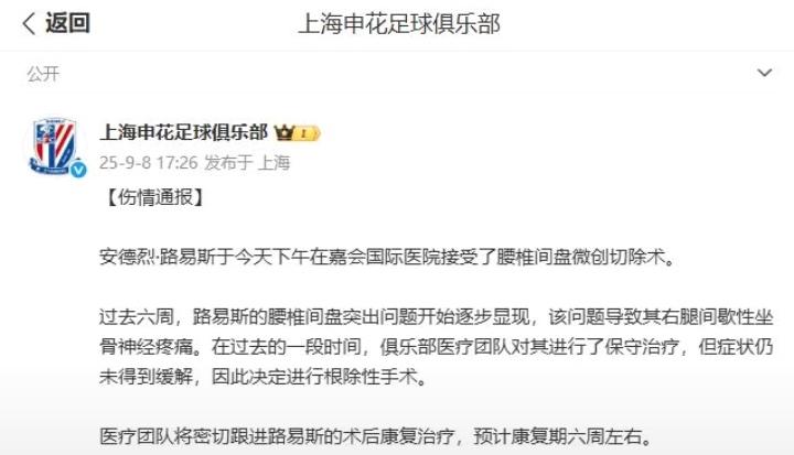 申花遭遇重创！主力外援路易斯要伤停6周！最快将在十月下旬复出！根据赛程至少4轮不