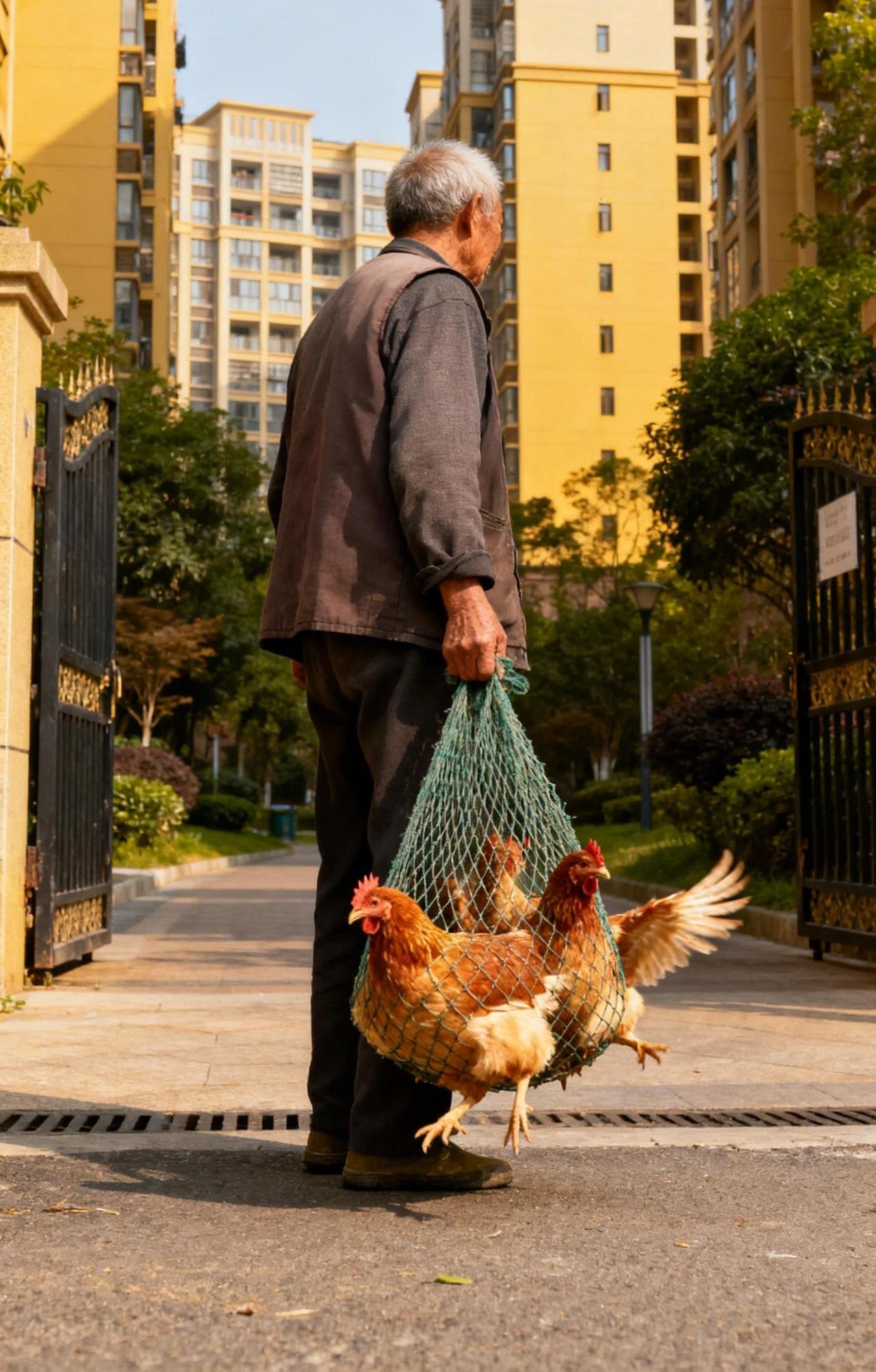 昨天，同事的父亲进城给女儿送鸡，我瞧见他拎着几只鸡，便问道：“老叔，还没到过年呢
