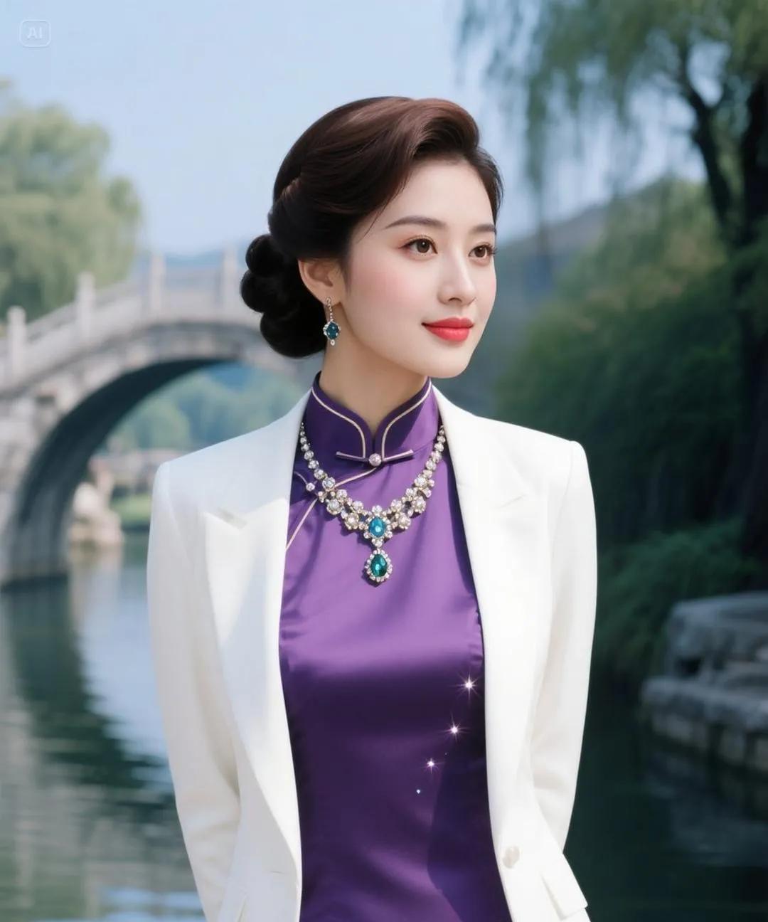 她尽显高雅富贵。棕黑色长发精致盘起，面容秀气绝美。紫色旗袍搭配白色西装，典雅别致